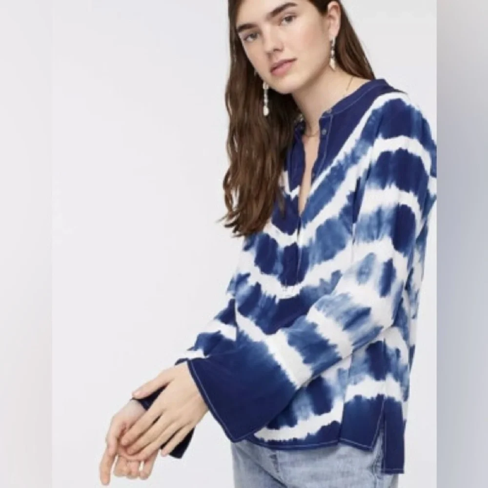J.Crew 100% Silk Tie Dyed Shibori LS Tunic Popover Blue - Sz Small